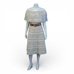 Vintage 70s Mexican Crochet Lace Dress | Off-Shoulder Ivory Midi * Medium